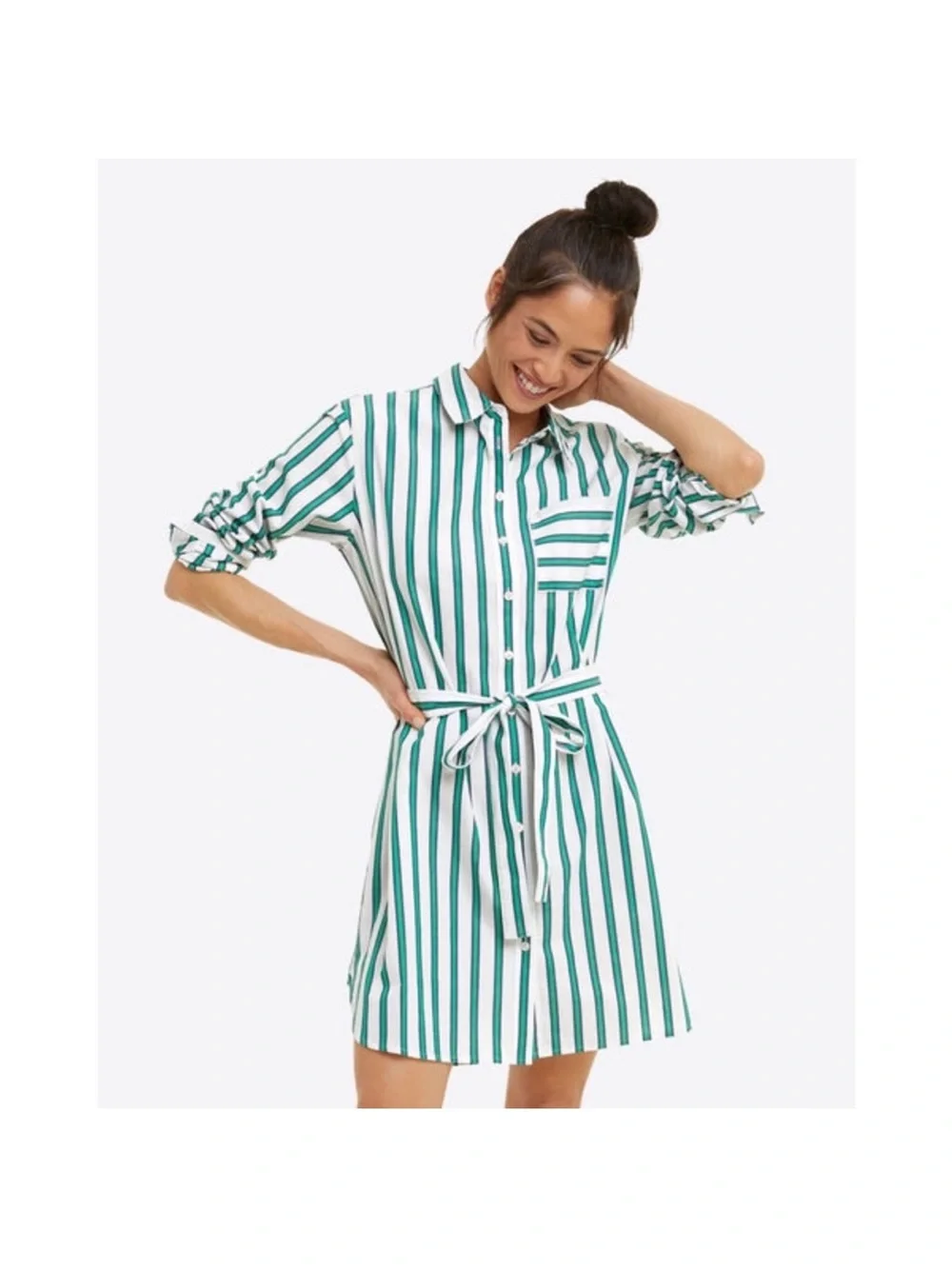 Draper James Green and White Striped Tie-Waist Shirt Dress